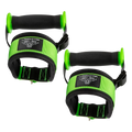 Back side of lara star ghost cable fly attachment adjustable gym handle strap with black and neon green resistance band handles