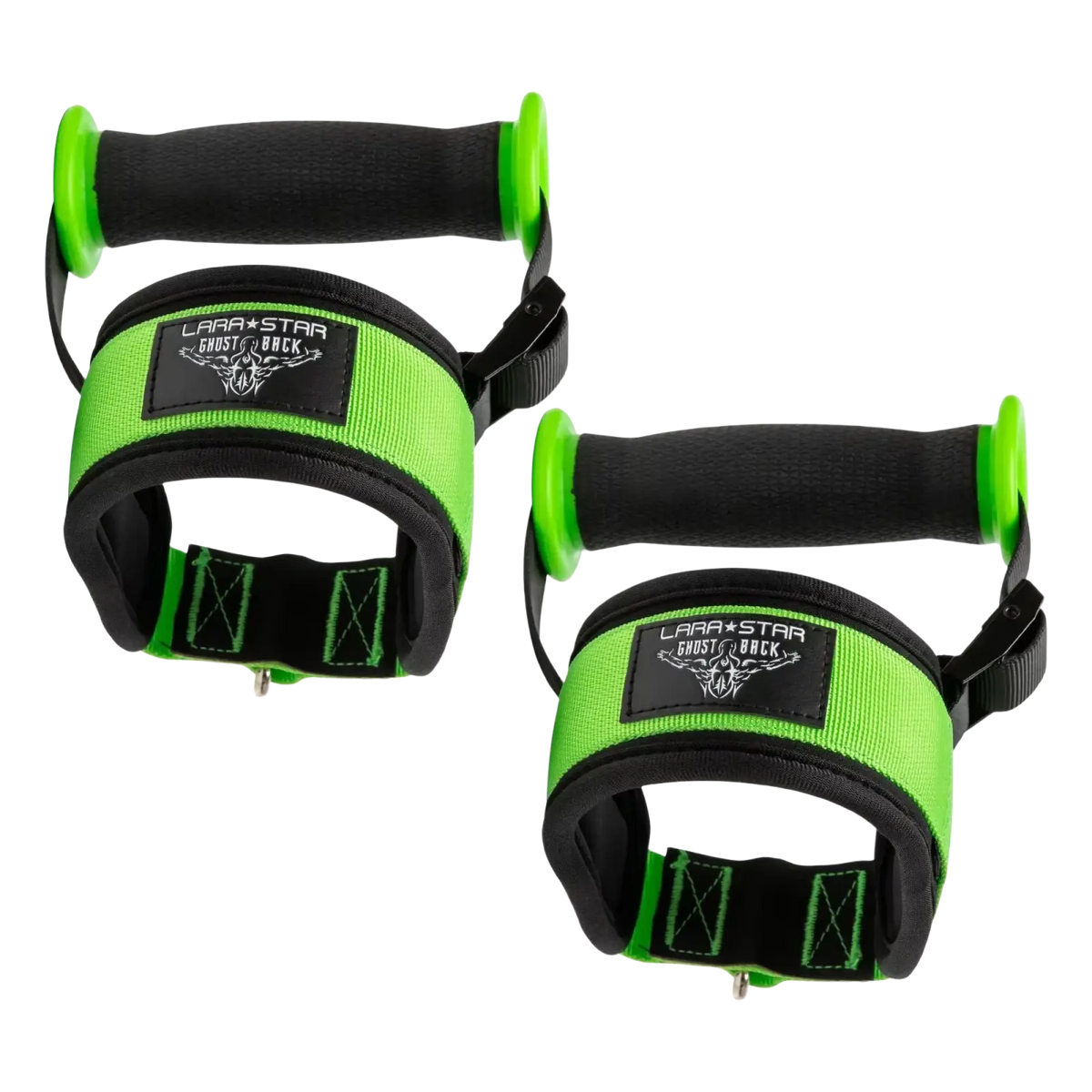 Back side of lara star ghost cable fly attachment adjustable gym handle strap with black and neon green resistance band handles