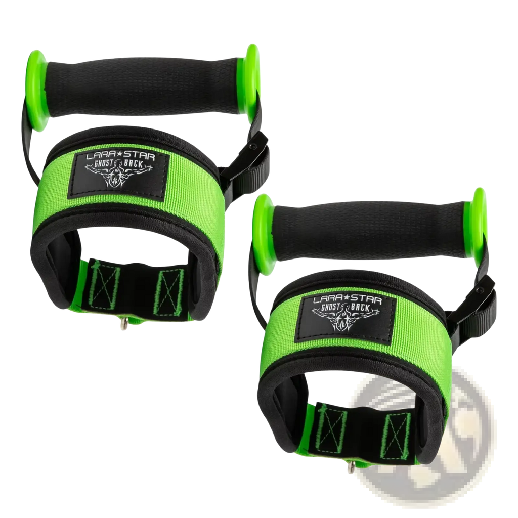 Back side of lara star ghost cable fly attachment adjustable gym handle strap with black and neon green resistance band handles