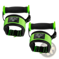 Back side of lara star ghost cable fly attachment adjustable gym handle strap with black and neon green resistance band handles