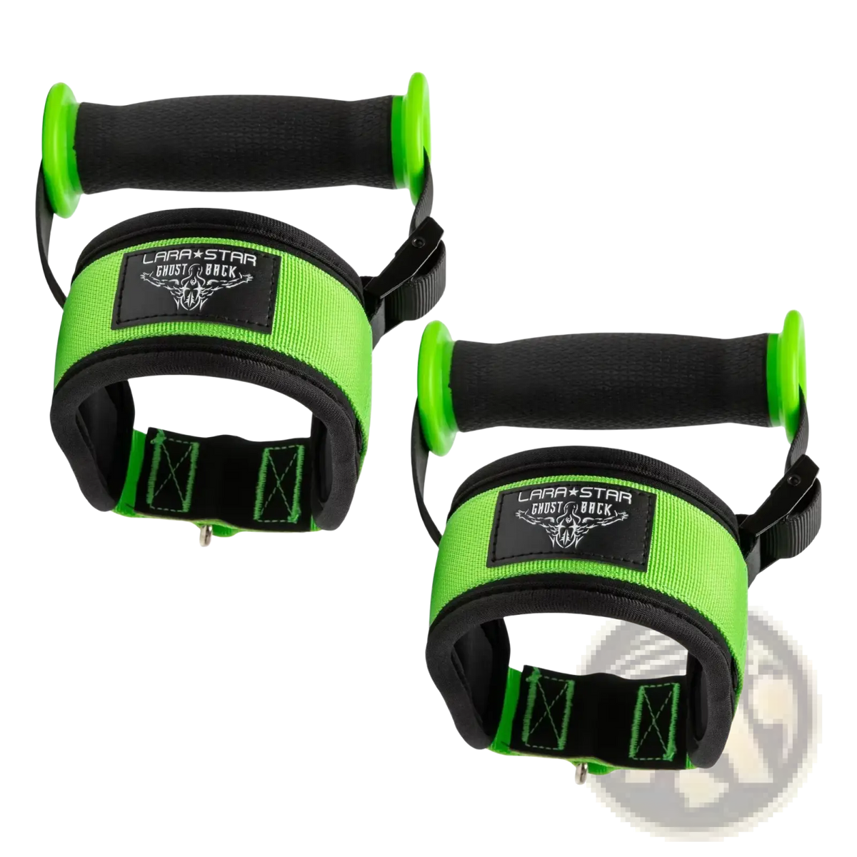 Back side of lara star ghost cable fly attachment adjustable gym handle strap with black and neon green resistance band handles