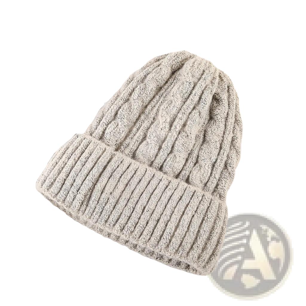 A cozy beige cable knit beanie hat with ribbed brim made of soft wool blend fleece lined for winter warmth