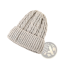 A cozy beige cable knit beanie hat with ribbed brim made of soft wool blend fleece lined for winter warmth
