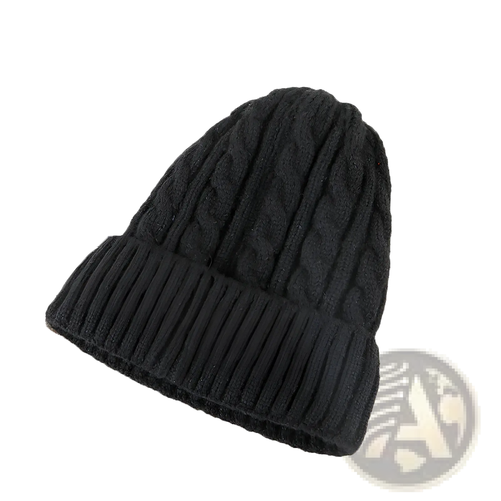 Black cable knit beanie hat with ribbed cuff fleece lined for winter warmth and comfort