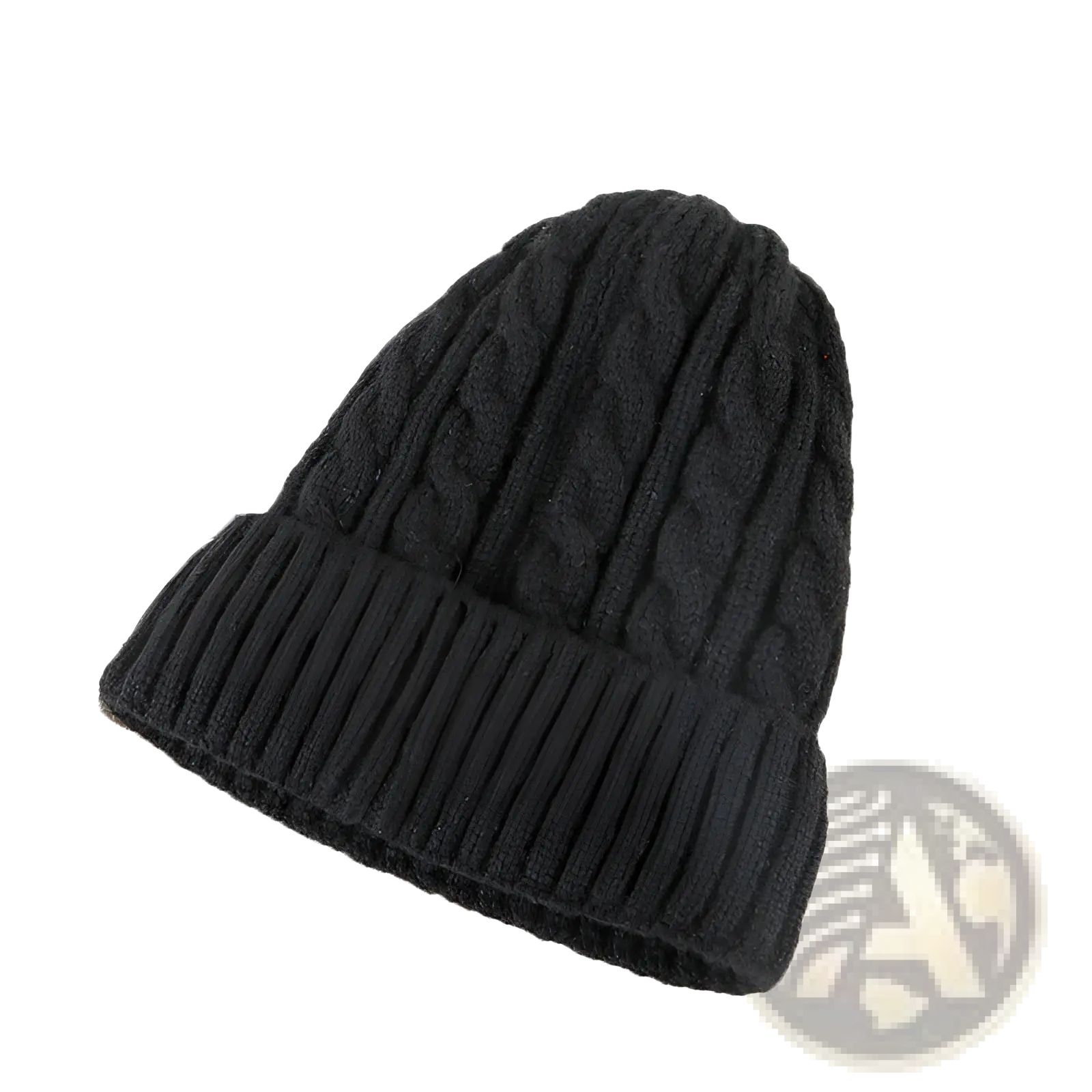 Black cable knit beanie hat with ribbed cuff fleece lined for winter warmth and comfort