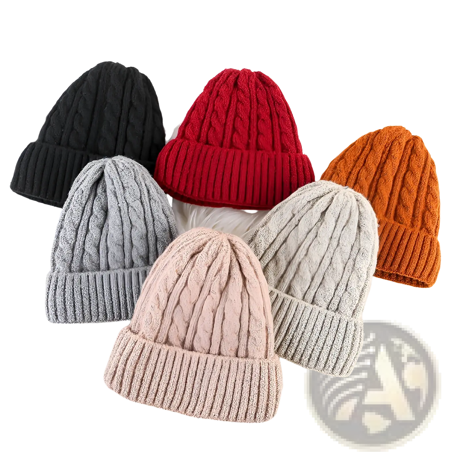 A cozy red cable knit beanie hat with a ribbed brim fleece lined for winter warmth