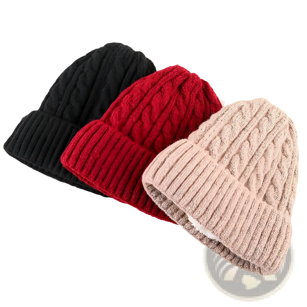 Three fleece lined cable knit beanie hats in black red and beige for winter warmth and comfort