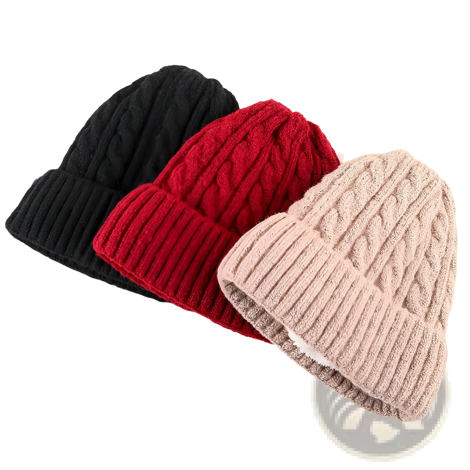 Three fleece lined cable knit beanie hats in black red and beige for winter warmth and comfort
