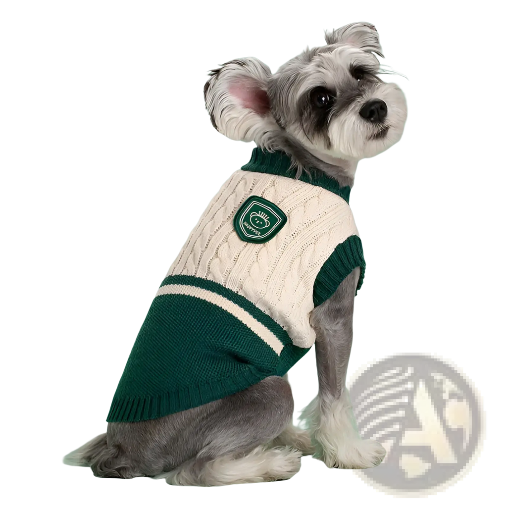 A cozy cream and forest green cable knit dog sweater with white stripes and an embroidered chest patch
