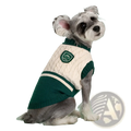 A cozy cream and forest green cable knit dog sweater with white stripes and an embroidered chest patch