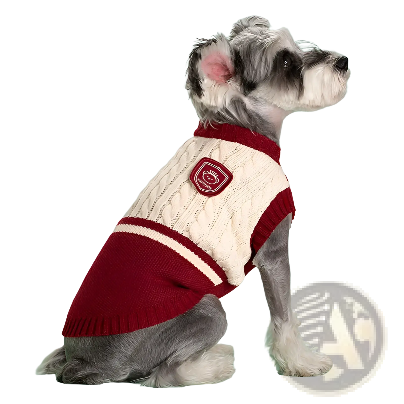 A small dog wearing the back side of a cozy cream and maroon cable knit dog sweater with a red patch for warmth