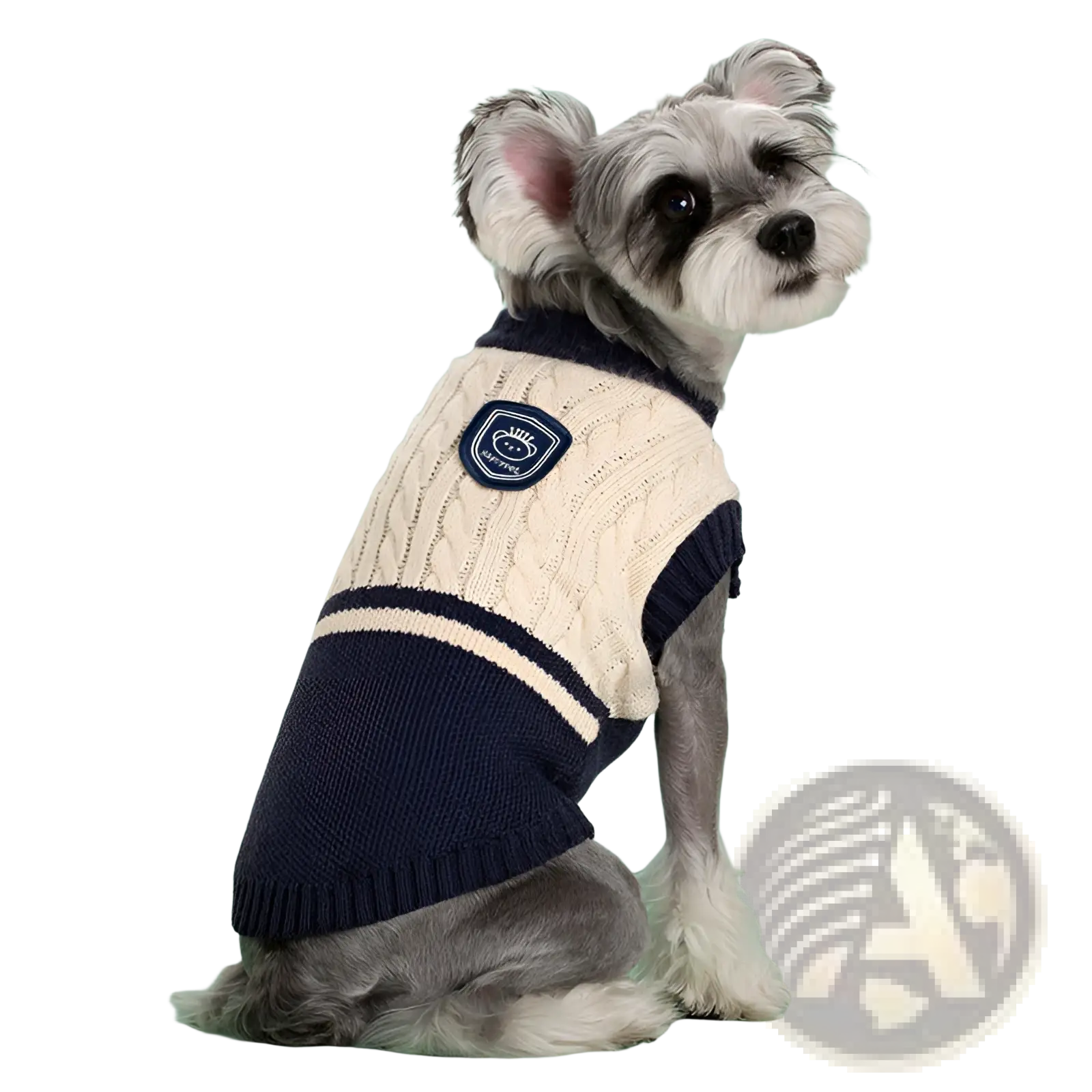 Cream and navy blue cable knit dog sweater with striped accents warm school uniform pet apparel visible from the back side