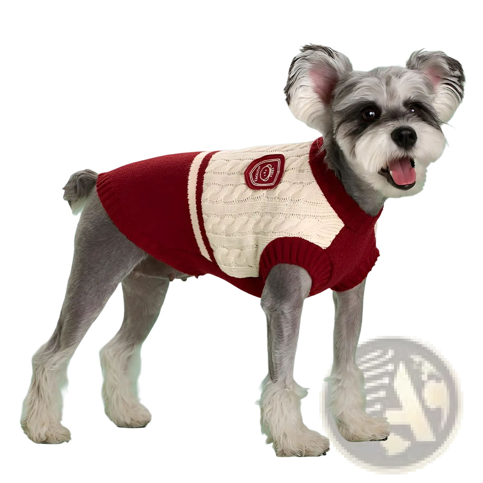 Red and cream cable knit dog sweater with embroidered patch warm school uniform pet apparel in knit material