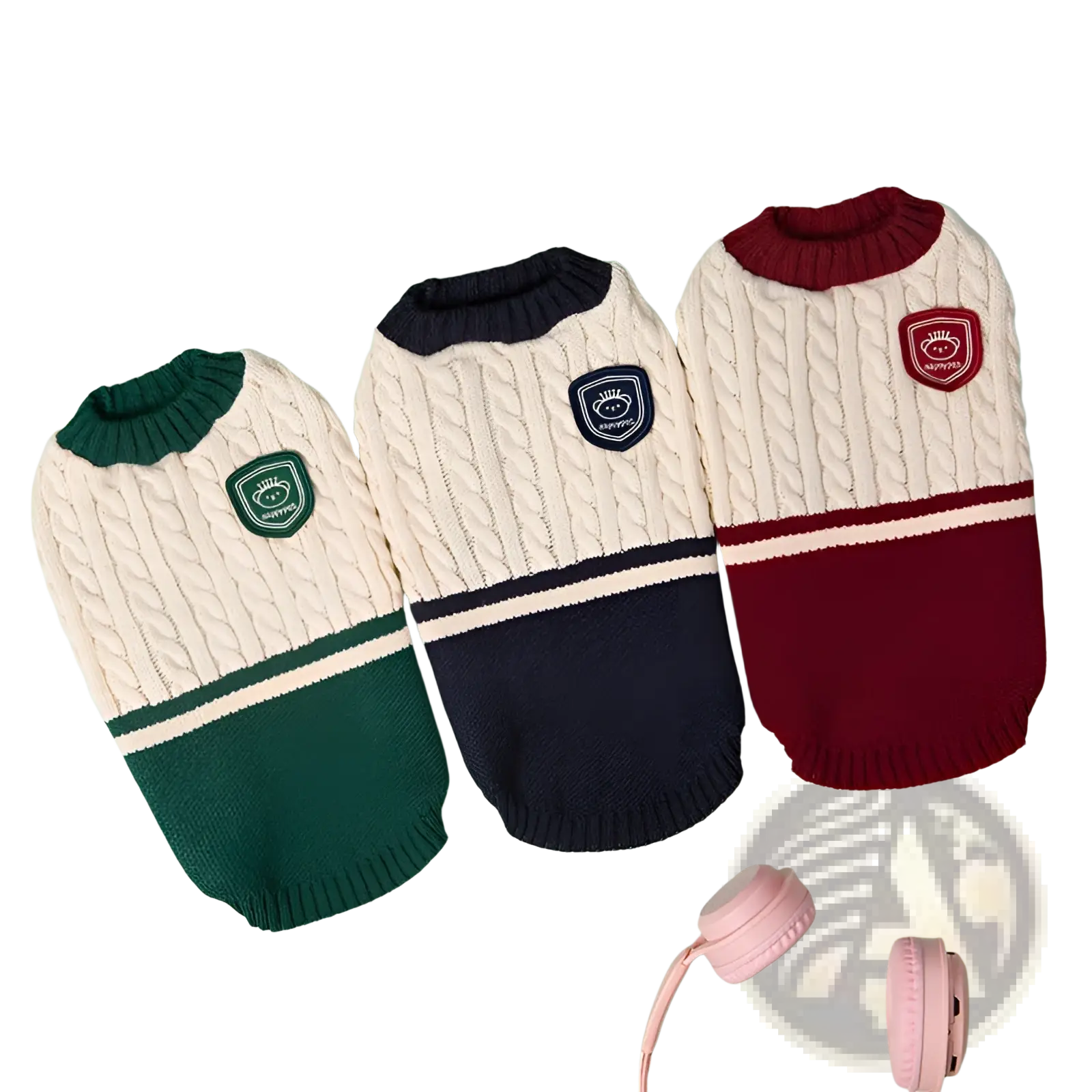 Three knitted dog sweaters in cable knit with school uniform style and embroidered patches for warm pet apparel