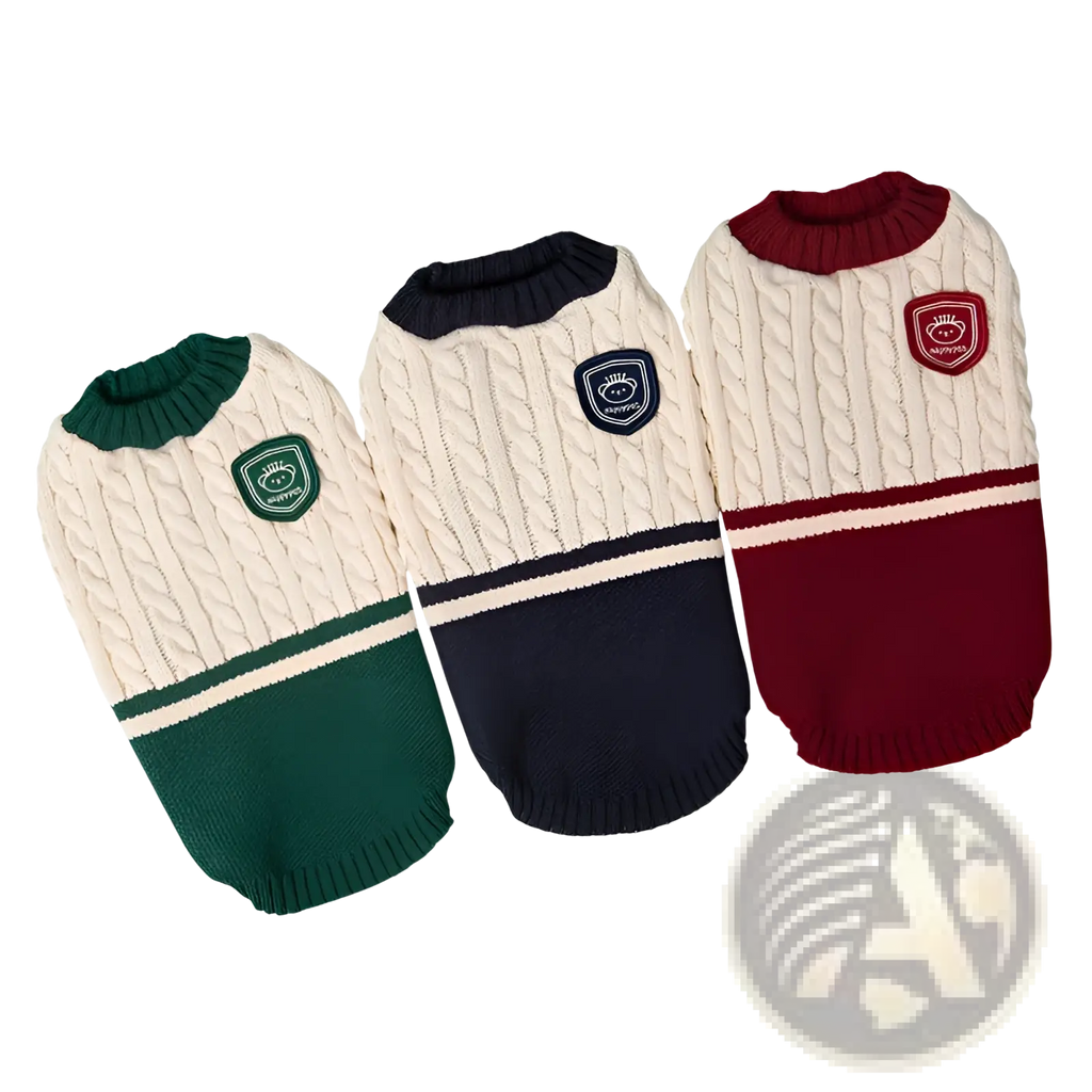 Three cable knit dog sweaters in warm school uniform style with contrasting blocks and embroidered patches