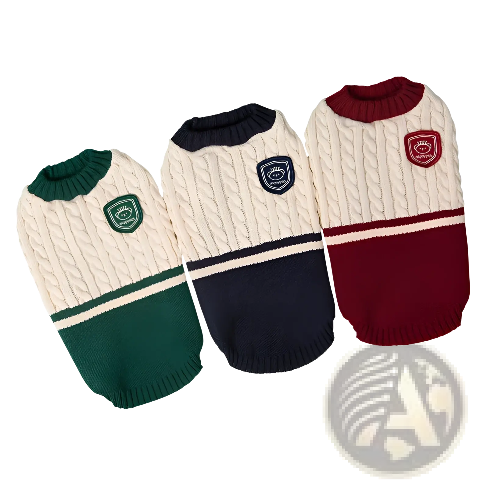 Three cable knit dog sweaters in warm school uniform style with contrasting blocks and embroidered patches