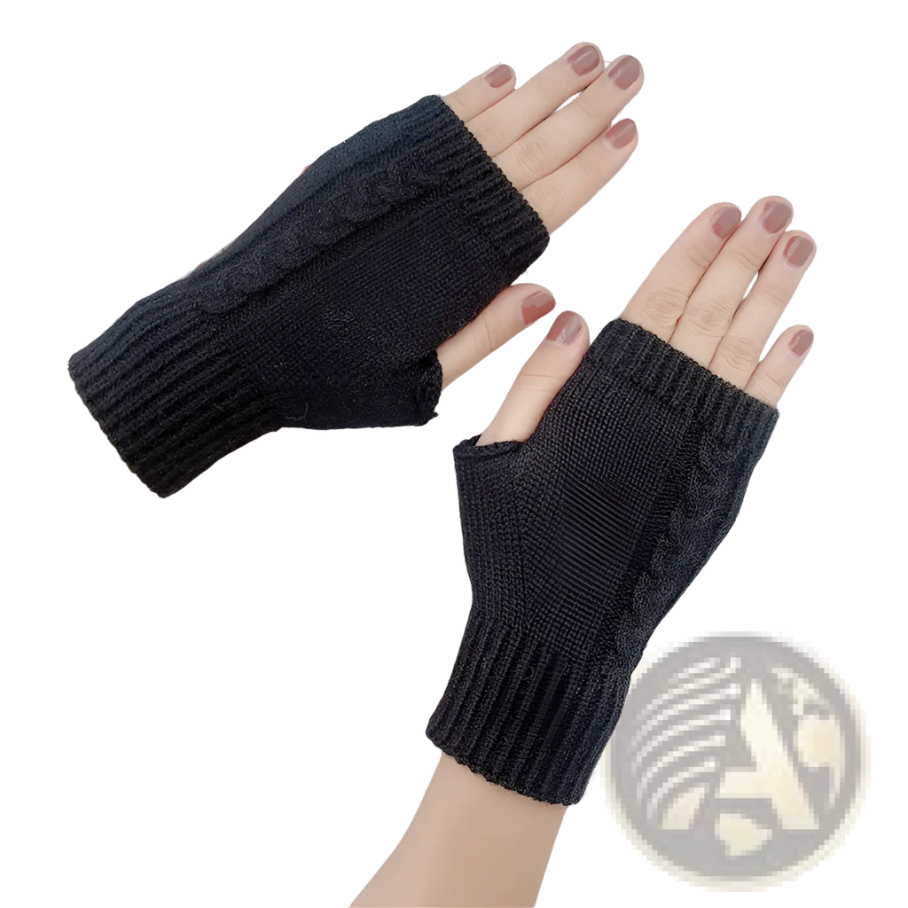 Black knitted fingerless gloves with ribbed cuff and textured cable knit pattern in wool for unisex use