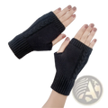 Black knitted fingerless gloves with ribbed cuff and textured cable knit pattern in wool for unisex use