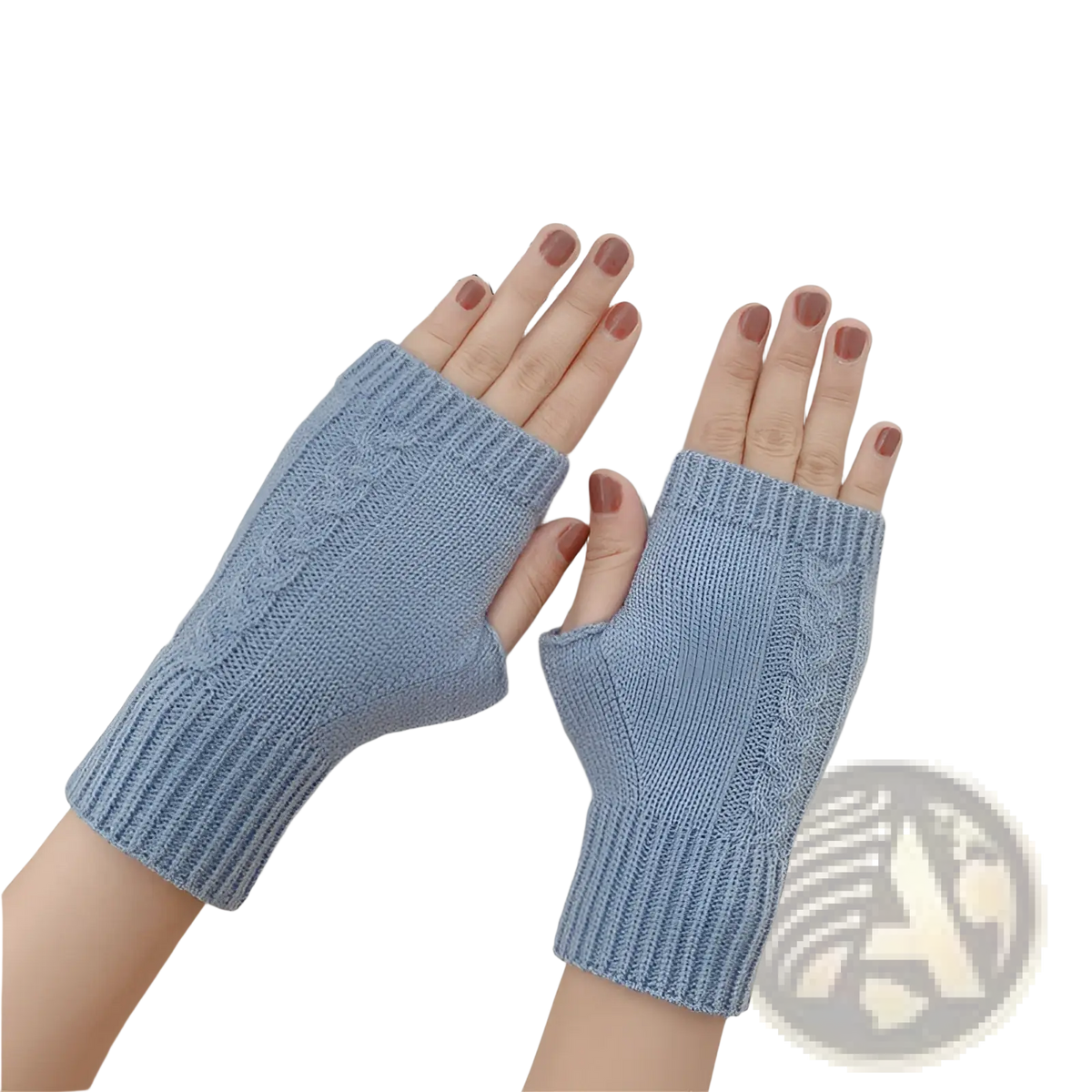 Light blue woolen cable knit fingerless gloves with ribbed cuffs unisex winter accessory