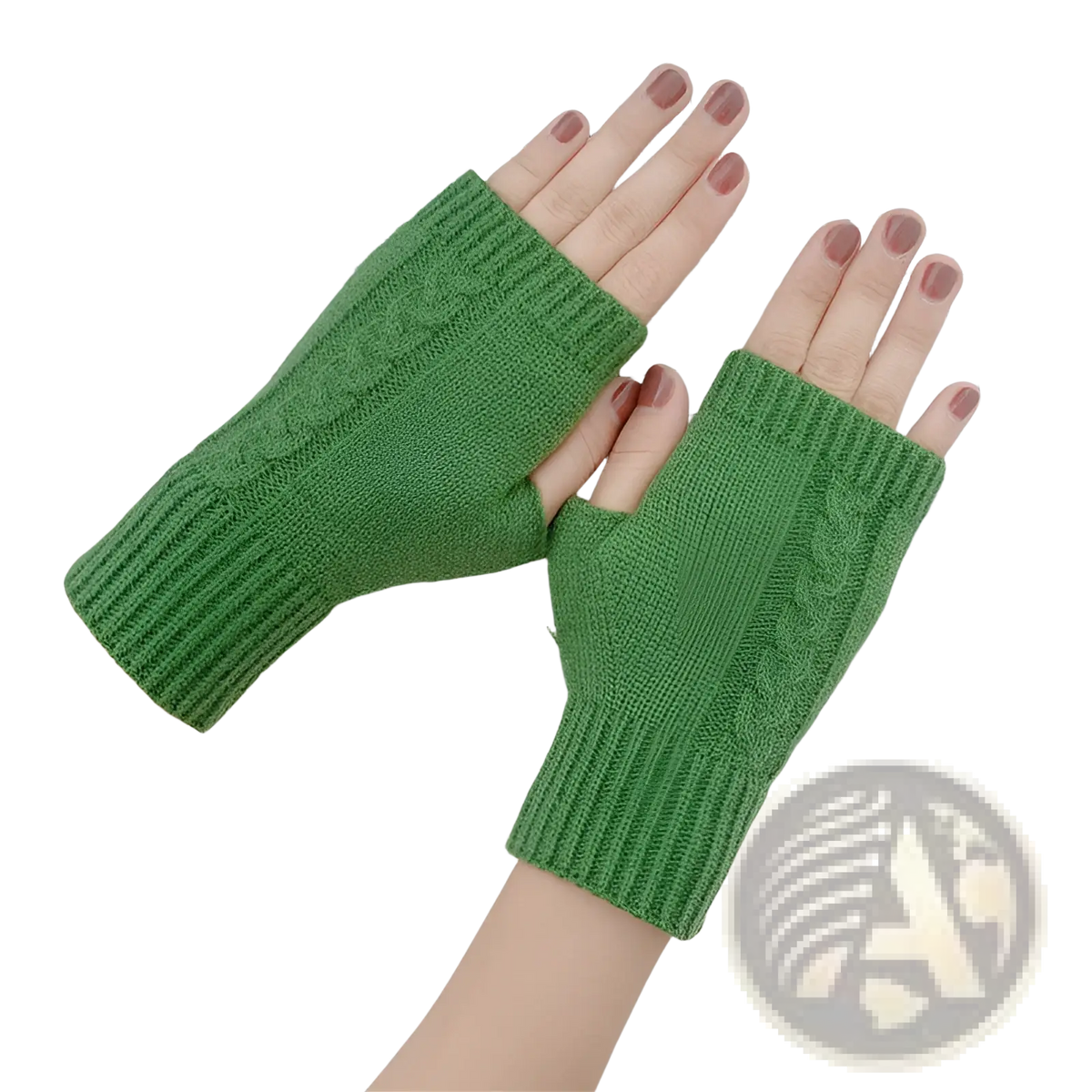 Green woolen cable knit fingerless gloves unisex showing the back side with detailed textured pattern