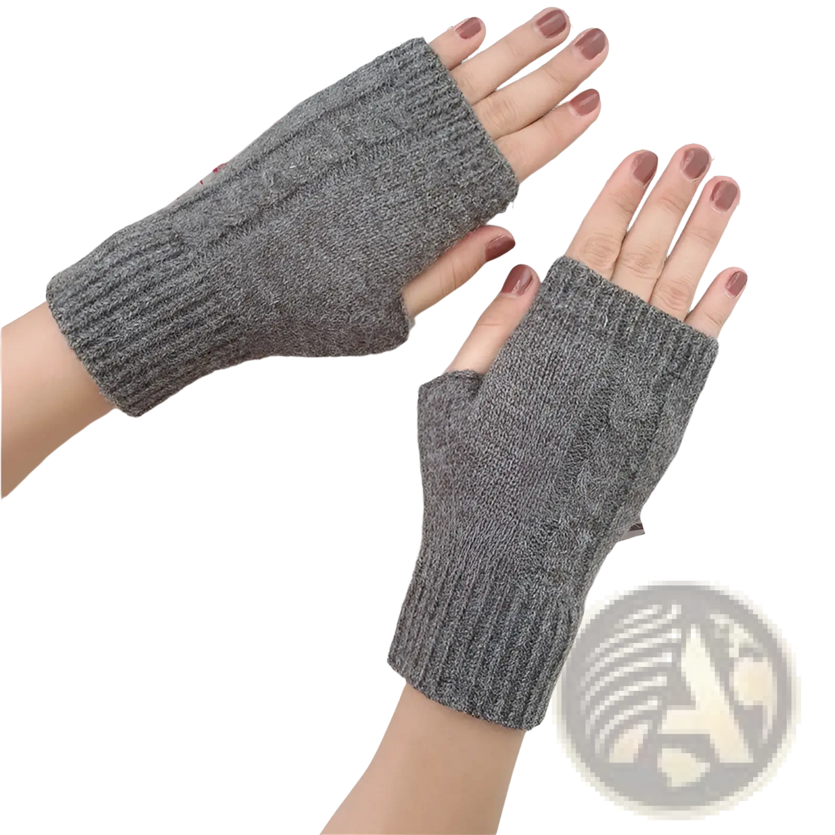 Gray woolen unisex cable knit fingerless gloves with ribbed cuff and knitted pattern for versatile cold weather use