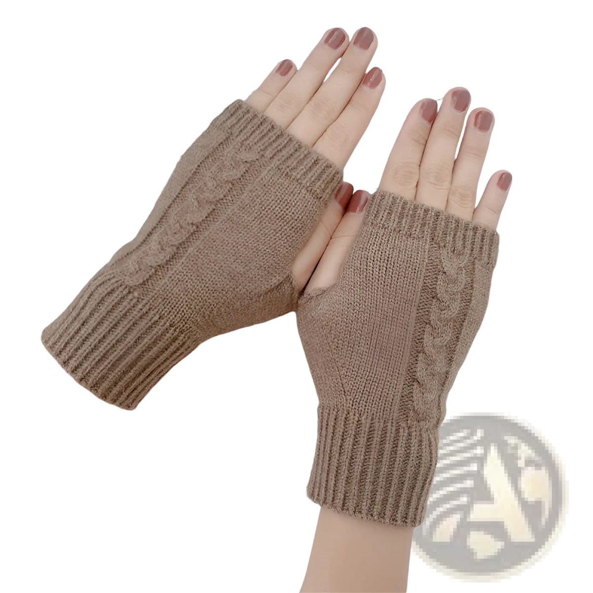 Beige knitted cable knit fingerless gloves with ribbed cuffs made of wool for unisex use