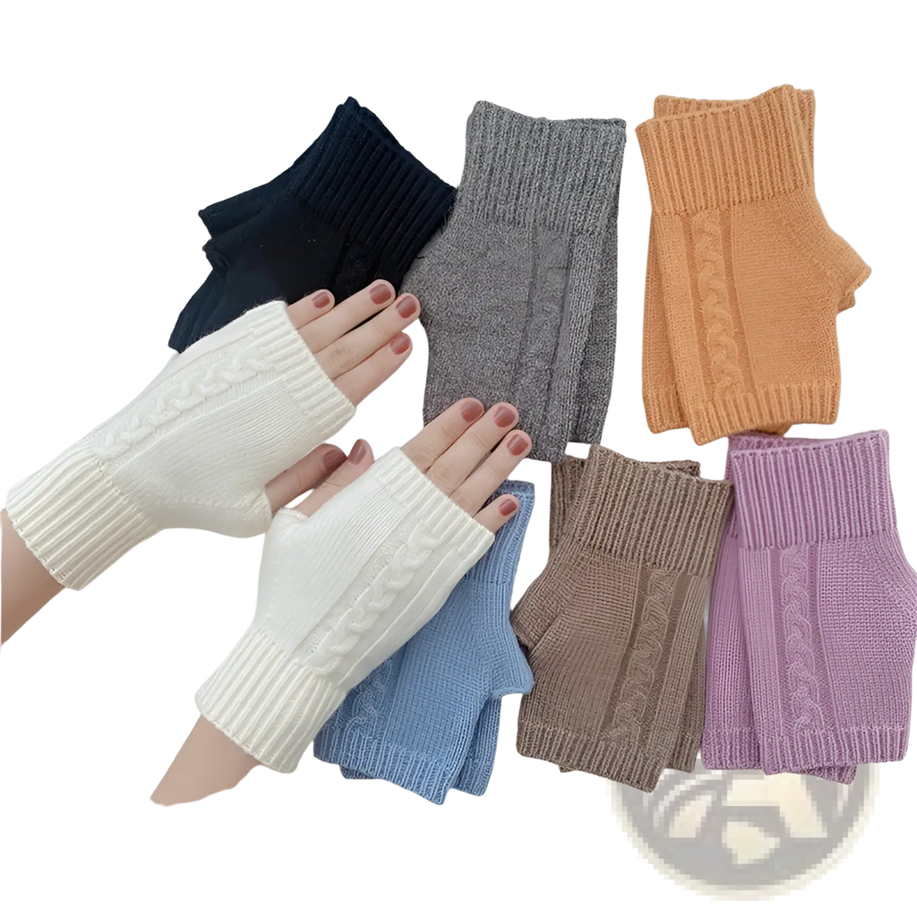 A pair of white woolen cable knit fingerless gloves with ribbed cuffs designed for unisex use
