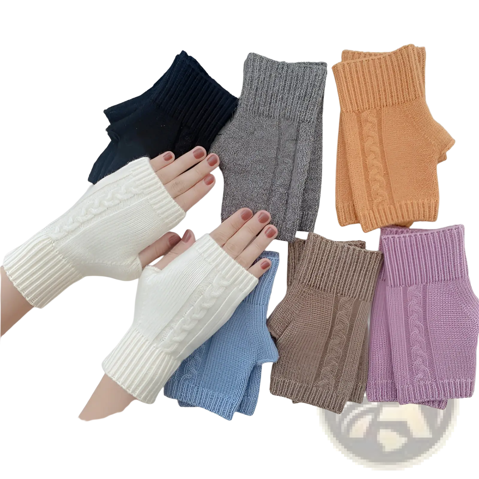 A pair of white woolen cable knit fingerless gloves with ribbed cuffs designed for unisex use