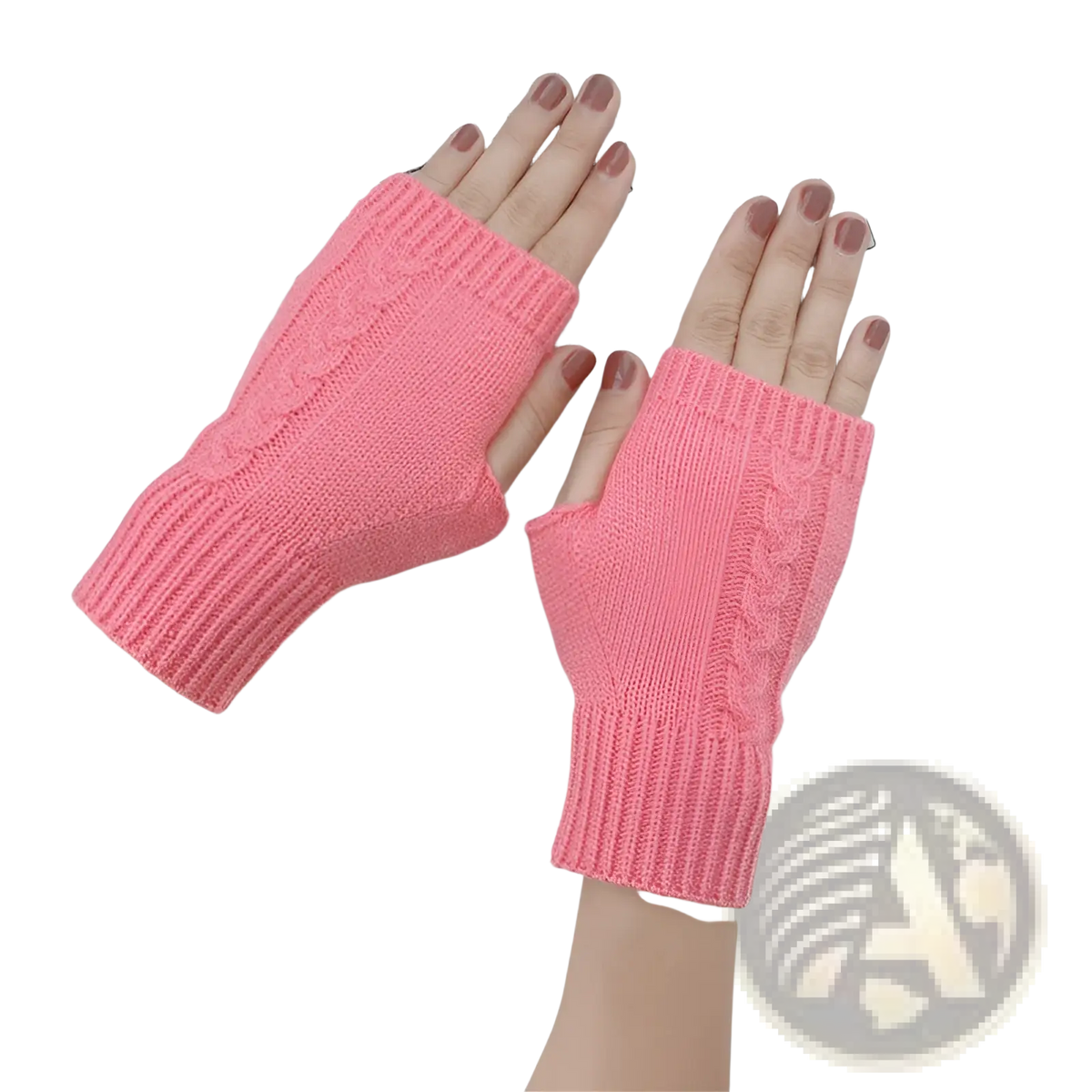 Pink woolen cable knit fingerless gloves with ribbed cuffs suitable for unisex use