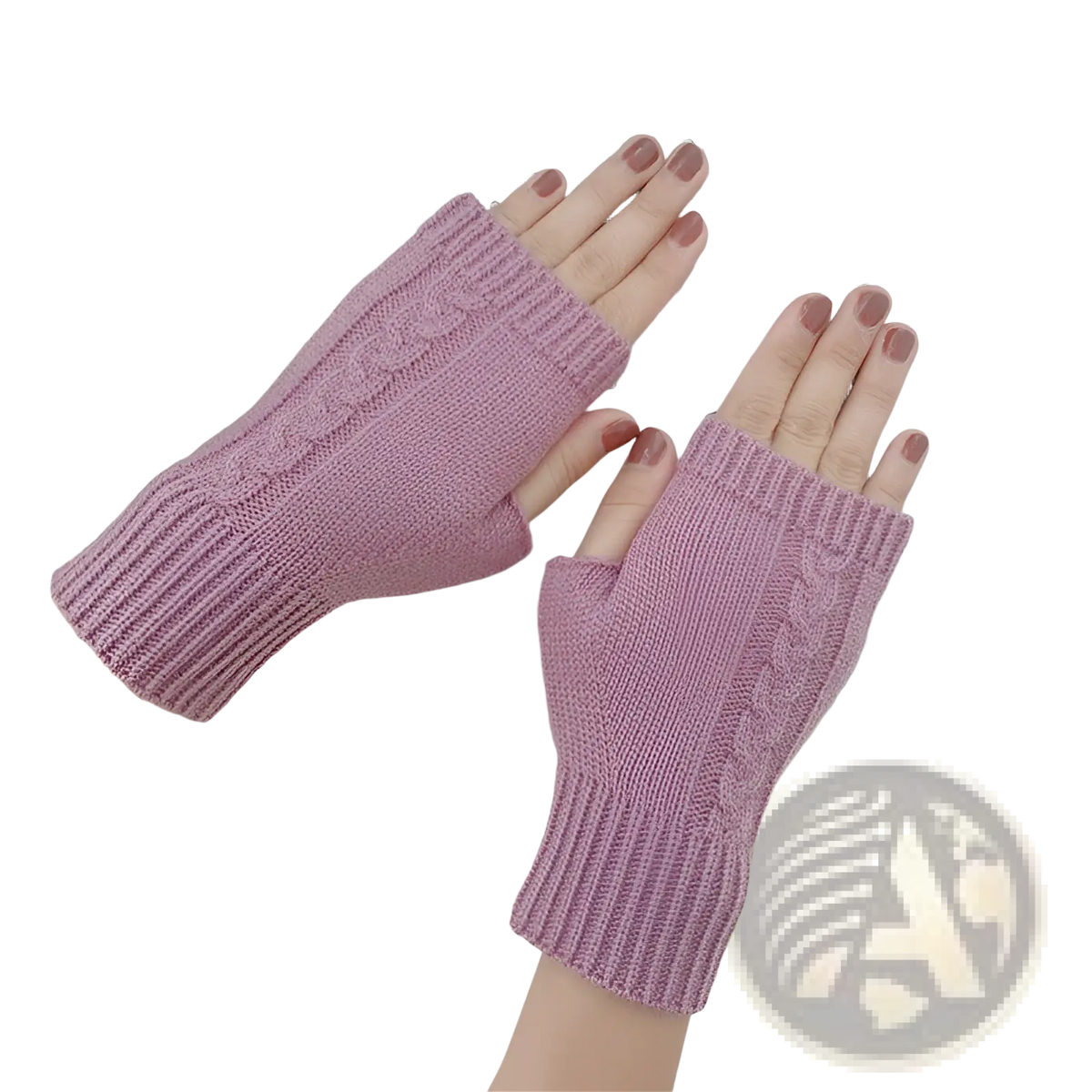 Soft lavender cable knit fingerless gloves with ribbed cuffs made of woolen for unisex use