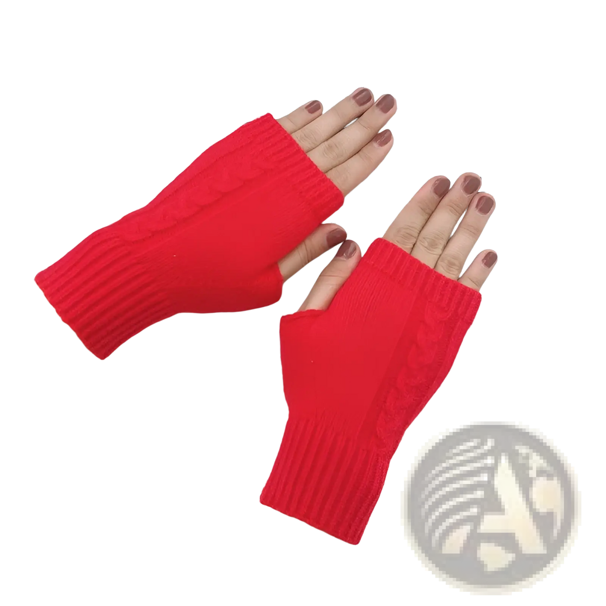 Bright red cable knit fingerless gloves with ribbed cuff made of woolen for unisex use