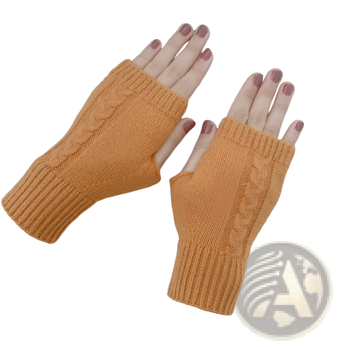 Warm orange cable knit fingerless gloves unisex woolen with ribbed cuffs and detailed knit pattern