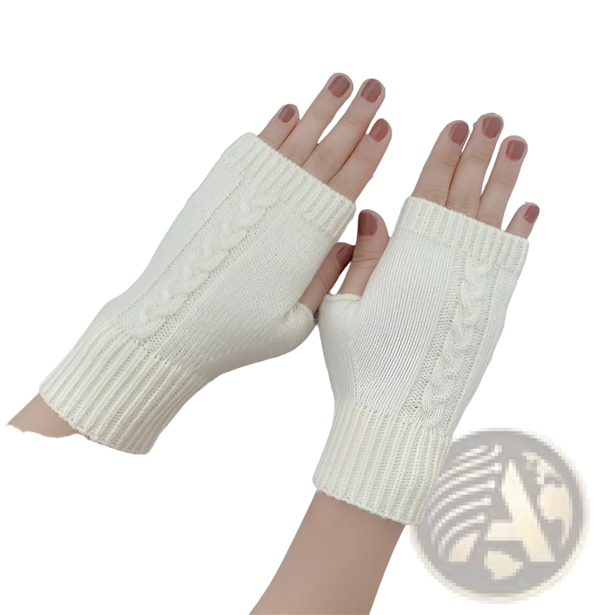 Cream-colored cable knit fingerless gloves with ribbed cuffs made of woolen material unisex design