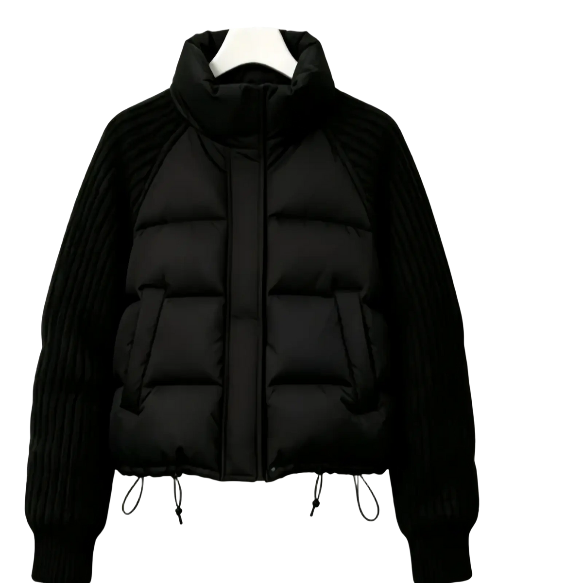 Black cable knit sleeve puffer jacket with ribbed knit sleeves and a high collar for cold weather wear