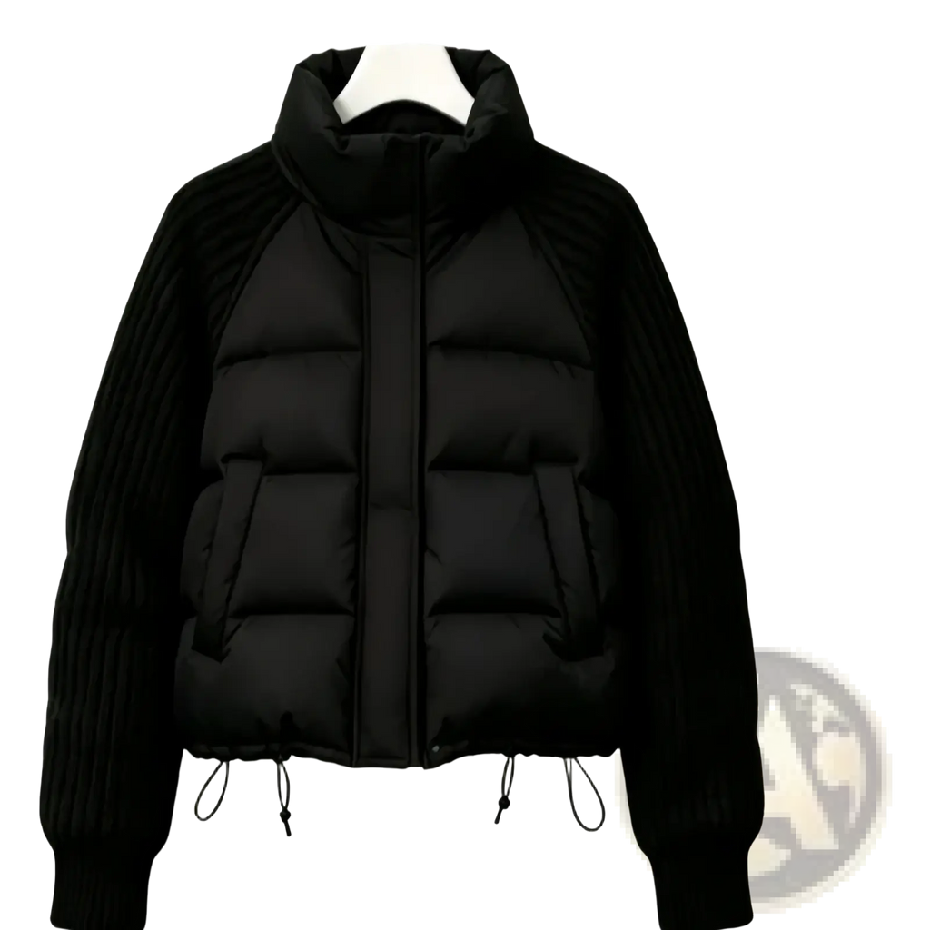 Black cable knit sleeve puffer jacket with ribbed knit sleeves and a high collar for cold weather wear