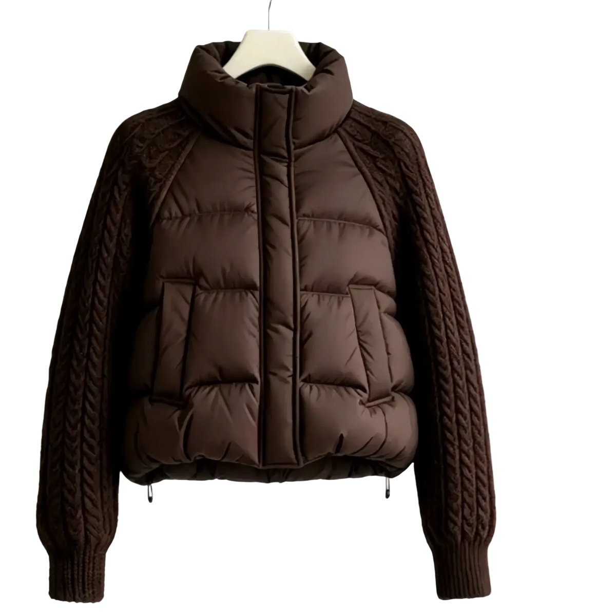 Brown puffer jacket with knitted cable sleeves and high collar made from warm insulated fabric for cold weather