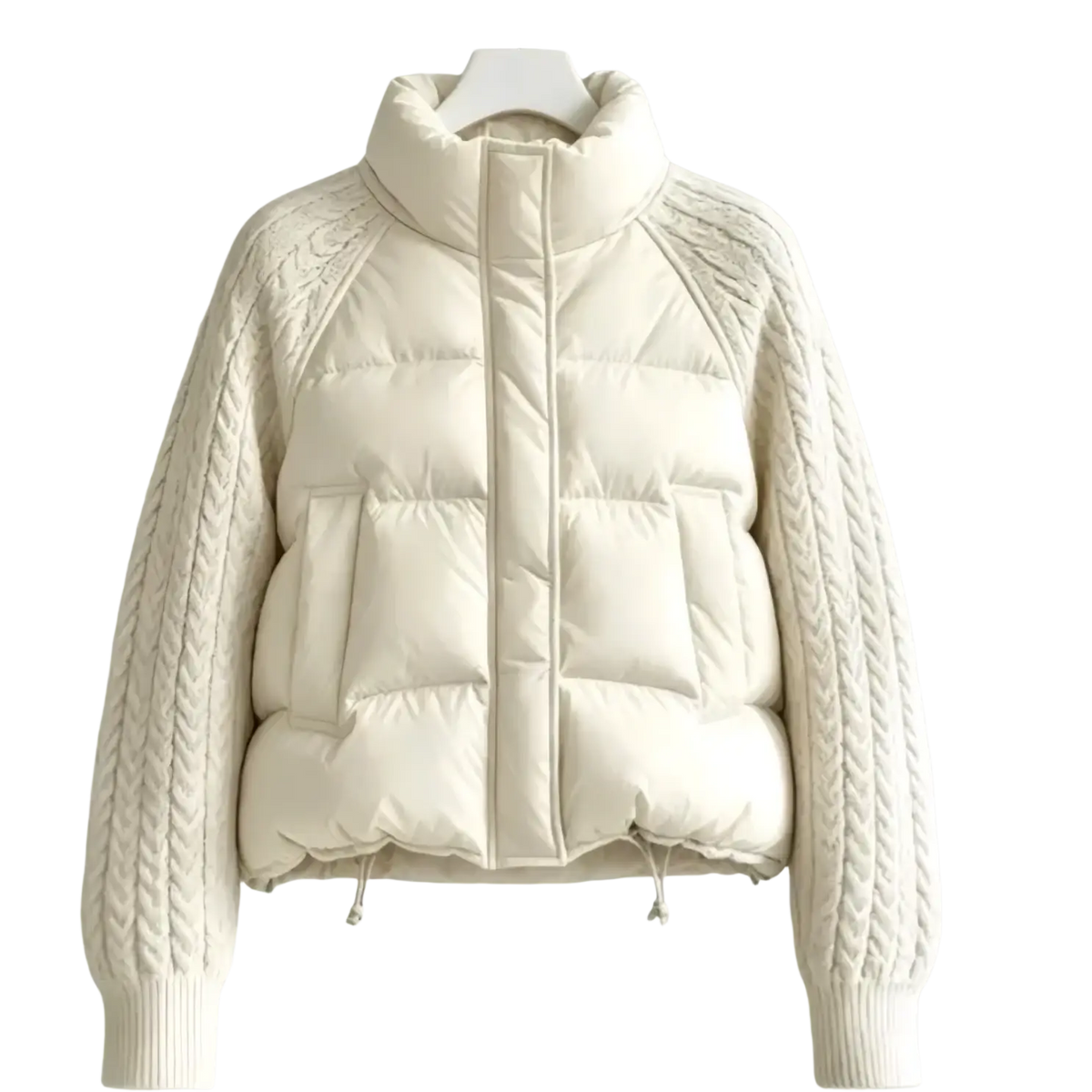 Cream-colored cable knit sleeve puffer jacket with a high collar combining warmth and stylish knit detailing