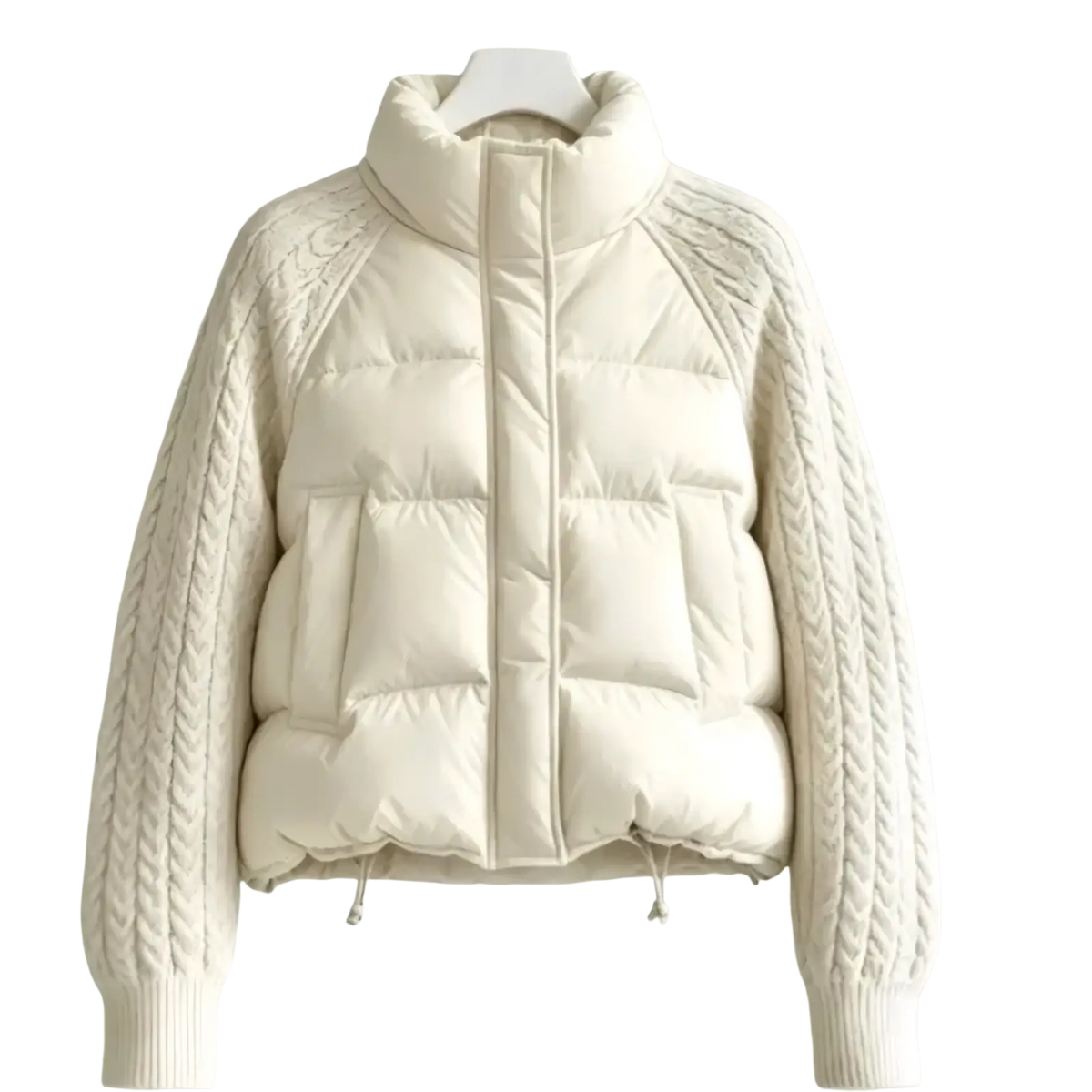 Cream-colored cable knit sleeve puffer jacket with high collar featuring knitted cable sleeves for warmth and style