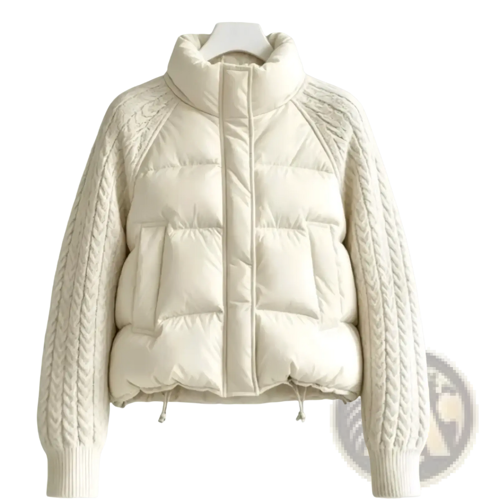 Cream-colored cable knit sleeve puffer jacket with high collar featuring knitted cable sleeves for warmth and style
