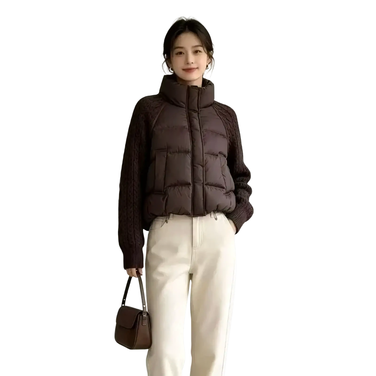 Dark brown quilted puffer vest with ribbed knit cable knit sleeves for warmth and style in cool weather