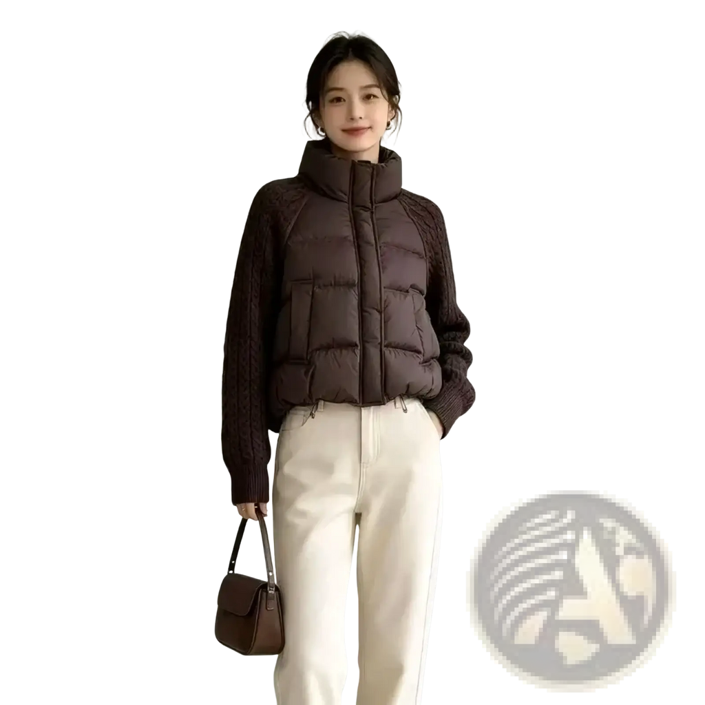 Dark brown quilted puffer vest with ribbed knit cable knit sleeves for warmth and style in cool weather