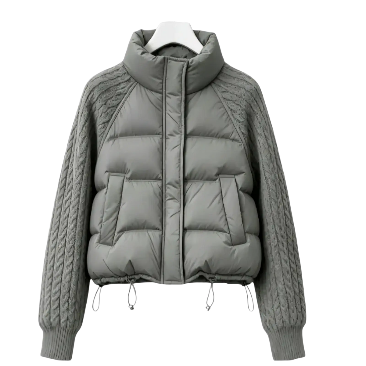 Gray cable knit sleeve puffer jacket with high collar featuring knit sleeves and insulated quilted body for warmth