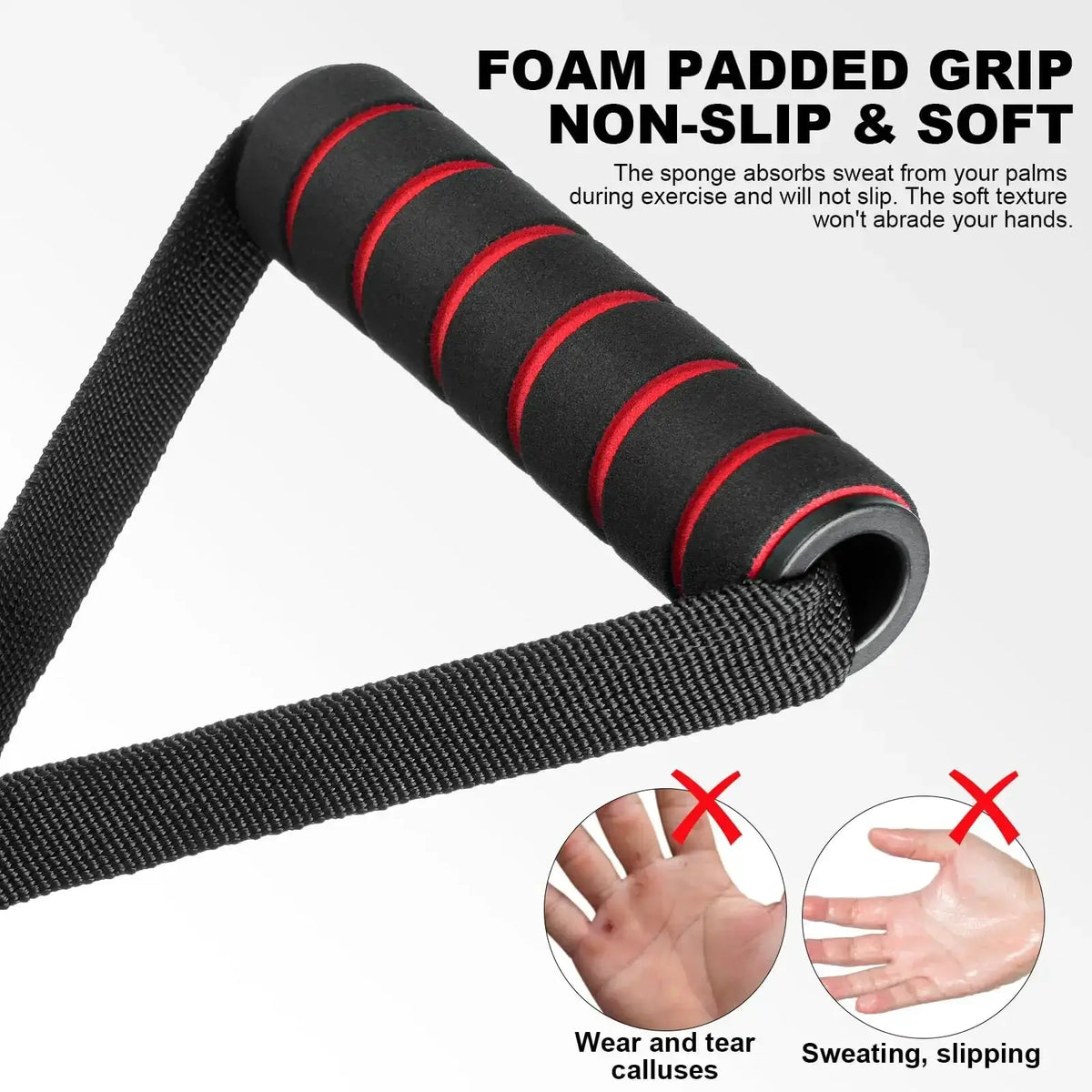 Black foam-padded cable machine exercise handle with red accent stripes for non-slip soft grip and replacement use