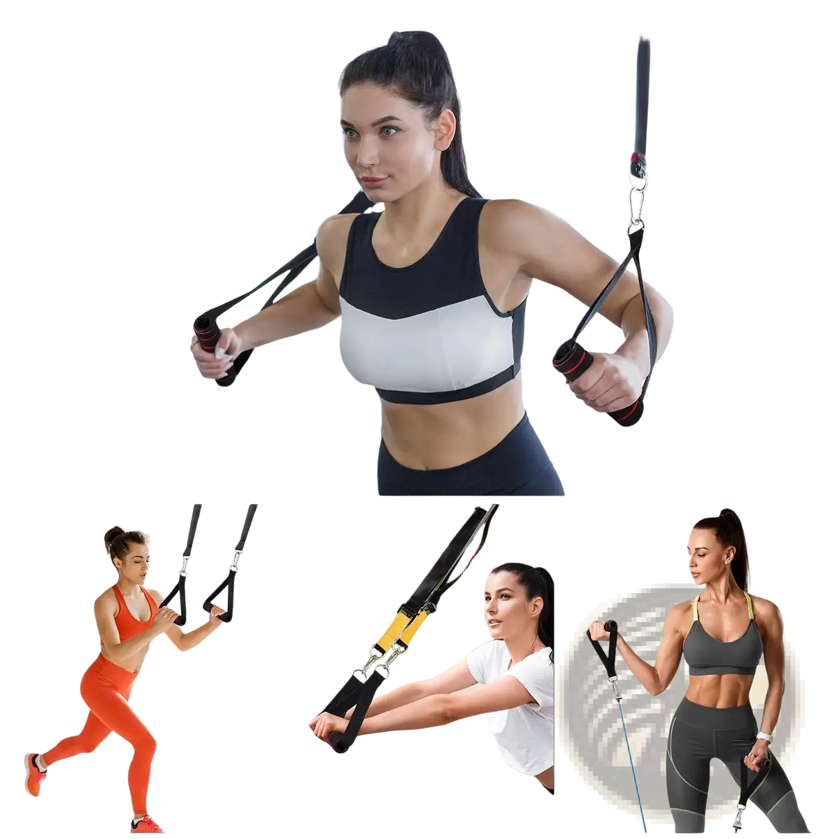 Black and red cable machine exercise handles with adjustable straps for fitness training resistance band attachments