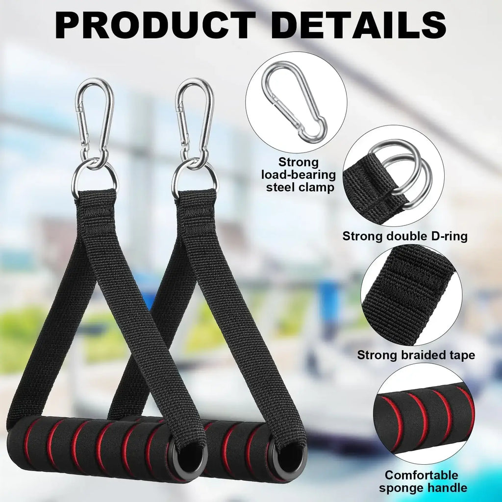Cable machine exercise handles replacement attachments in black and red with textured sponge grips and metal carabiner clips