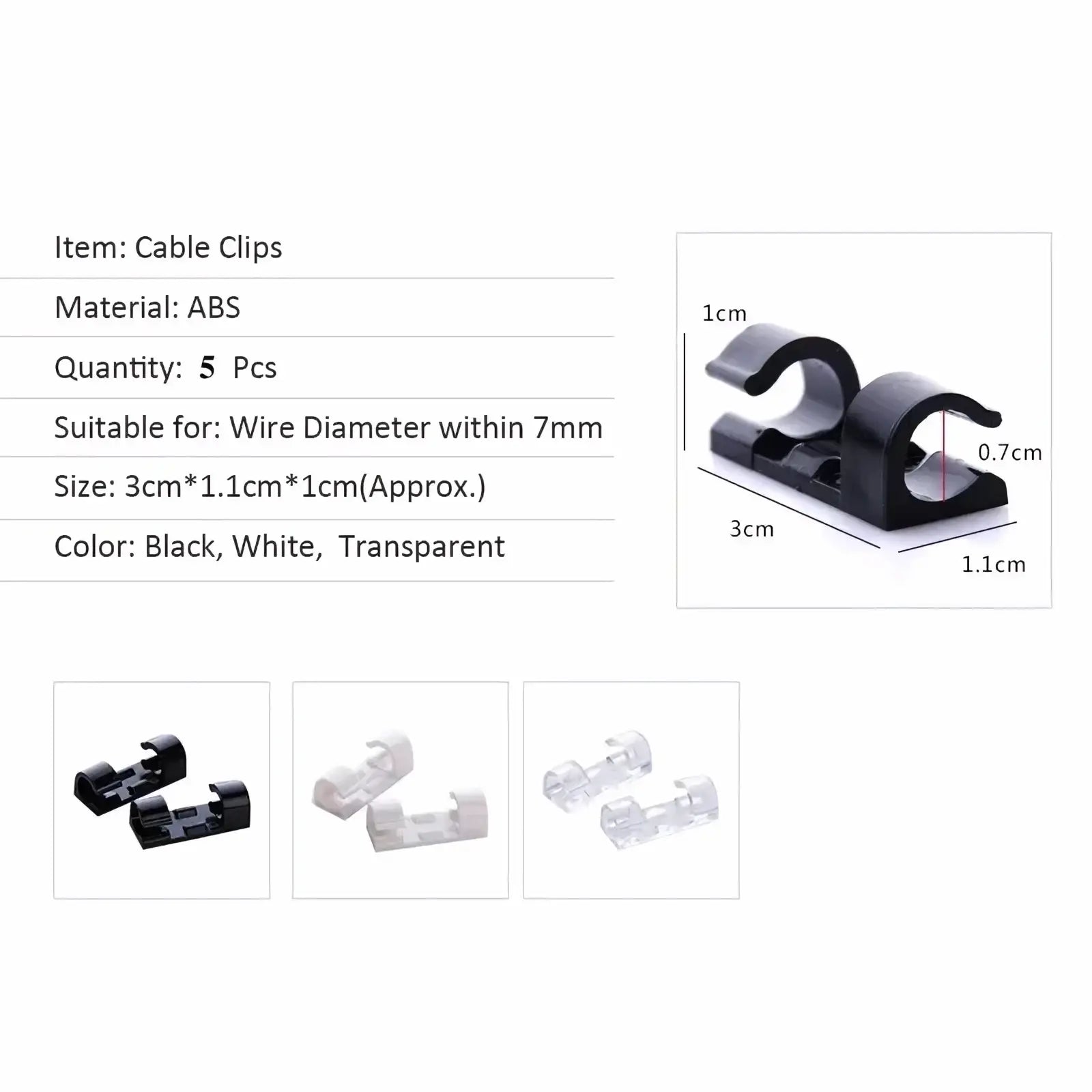 Black abs cable organizer clips with sleek u shaped design for securing desktop wires up to 7mm diameter