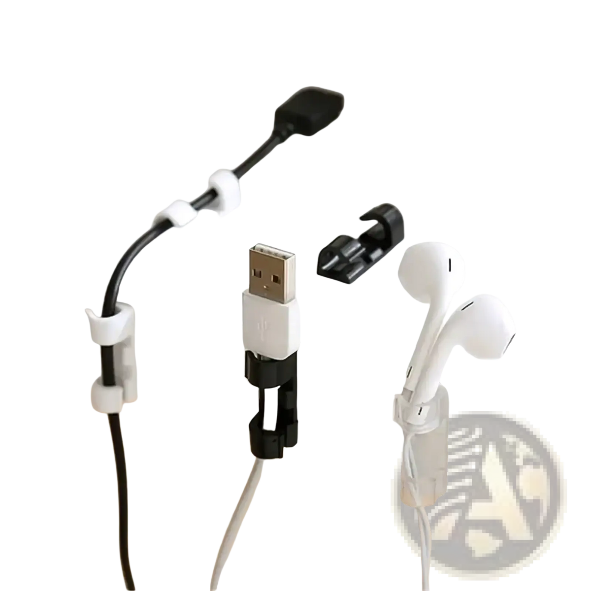 Black and white plastic cable organizer clips holding cords and earbuds attached to desk edge for cord management