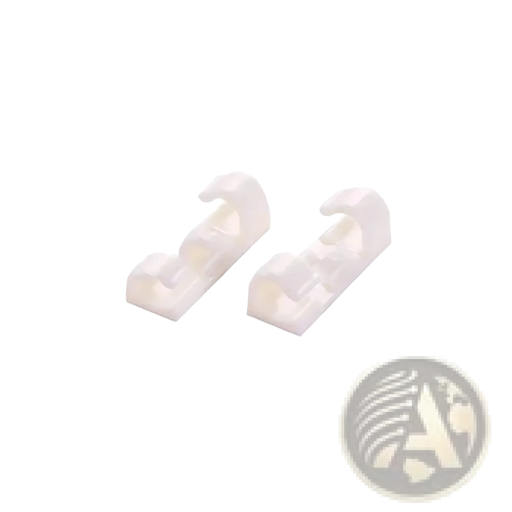 White plastic cable organizer clips for desktop cord management and cable holding with adhesive backing