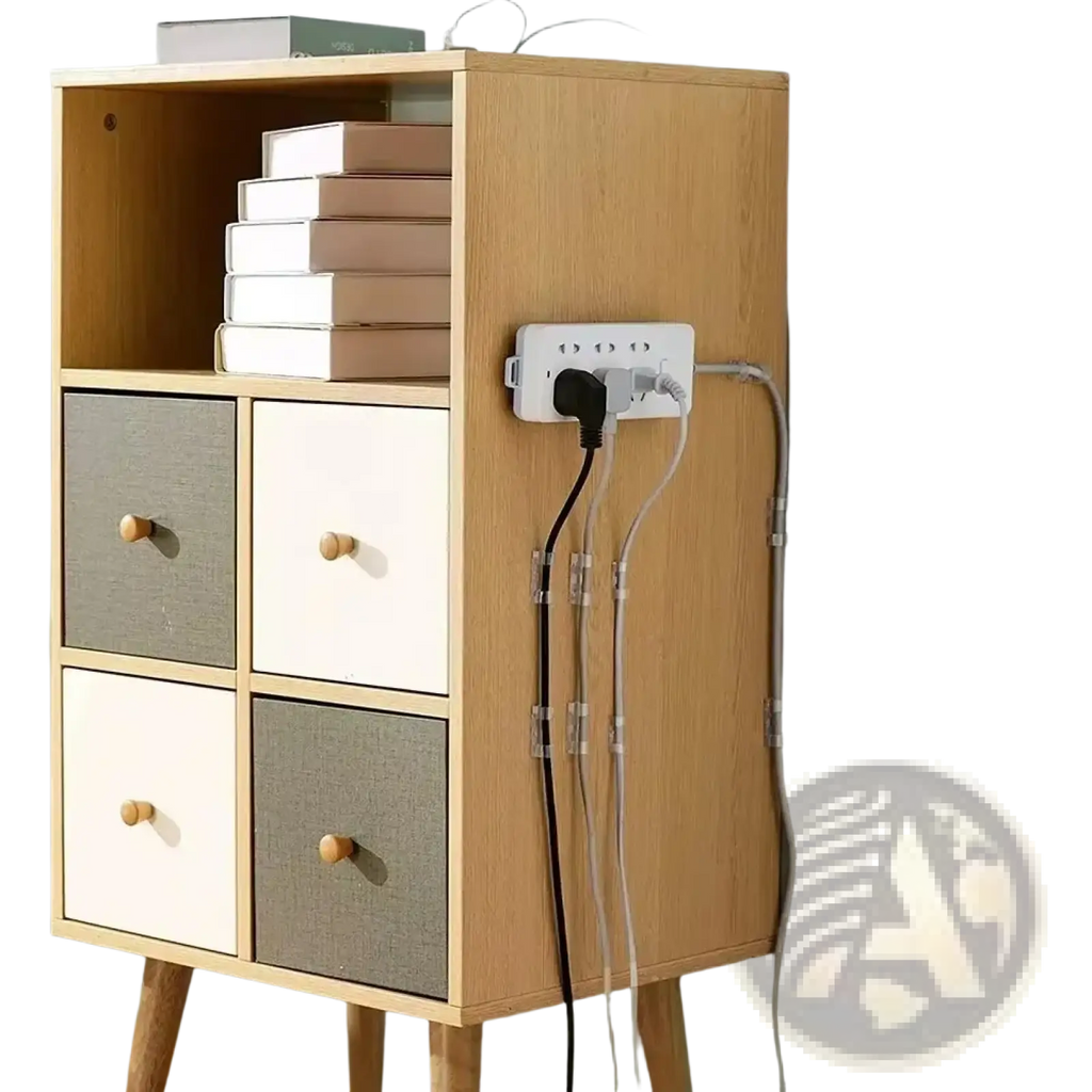 White wall-mounted power strip with multiple outlets and neatly bundled cords using cable organizer clips for desktop management