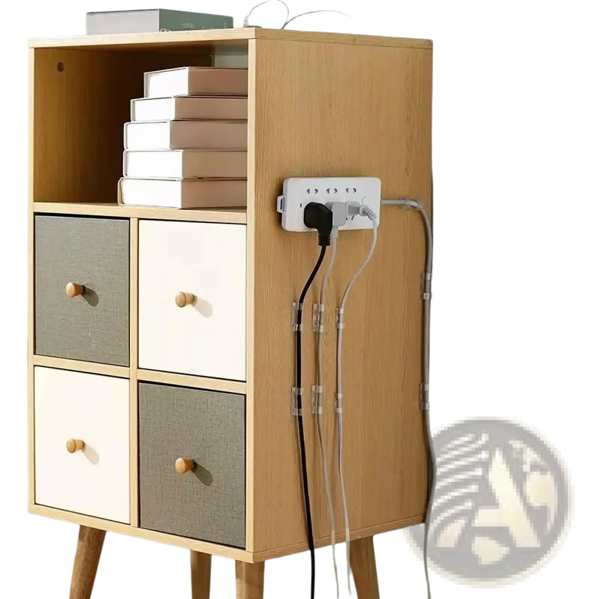 White wall-mounted power strip with multiple outlets and neatly bundled cords using cable organizer clips for desktop management